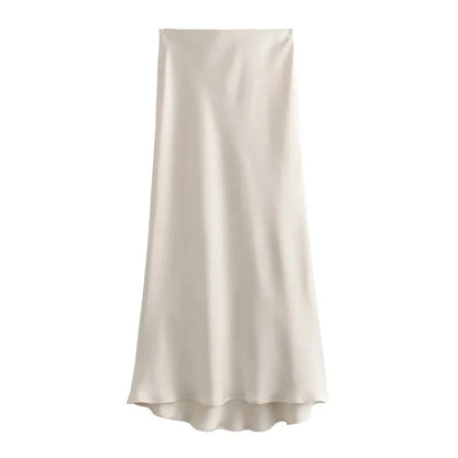 Elegant TRAF Woman 2024 Satin High Waist Midi Skirt