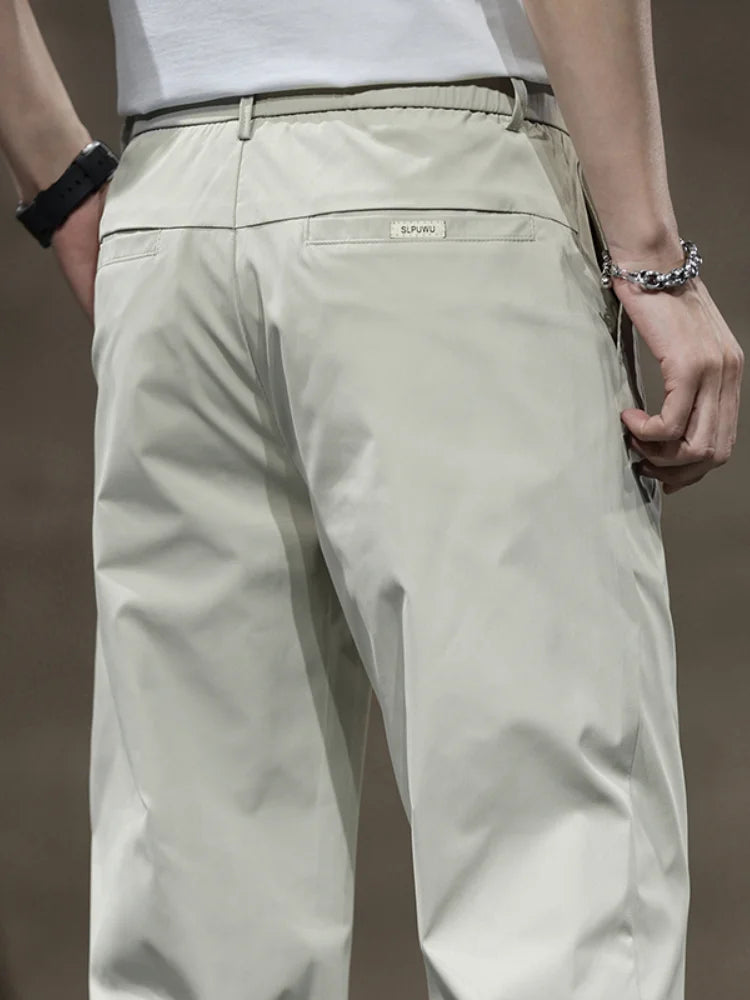 Summer Thin Ice Silk Casual Pants for Men in Solid Color Loose Straight Fashionable Light Business Casual Long Trousers Male