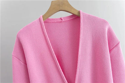 Women's Elegant Knitted 2-Piece Set – V-Neck Belted Cardigan and High-Waisted Sweatpants for Spring & Fall