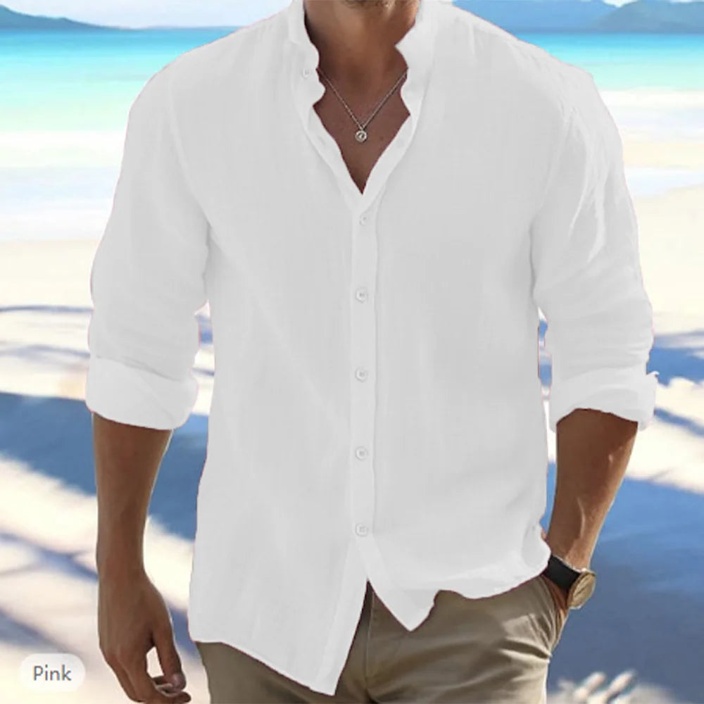 Men’s Cotton Linen Long-Sleeve Shirt – Casual Summer Beachwear, Stand Collar, Plus Size