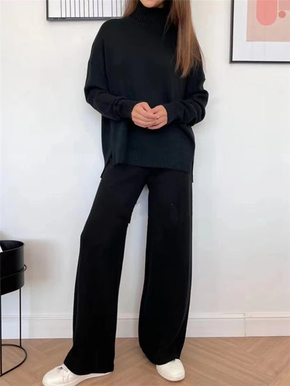 Cozy Autumn & Winter 2-Piece Knitted Tracksuit Set for Women – Turtleneck Sweater & Straight-Leg Joggers