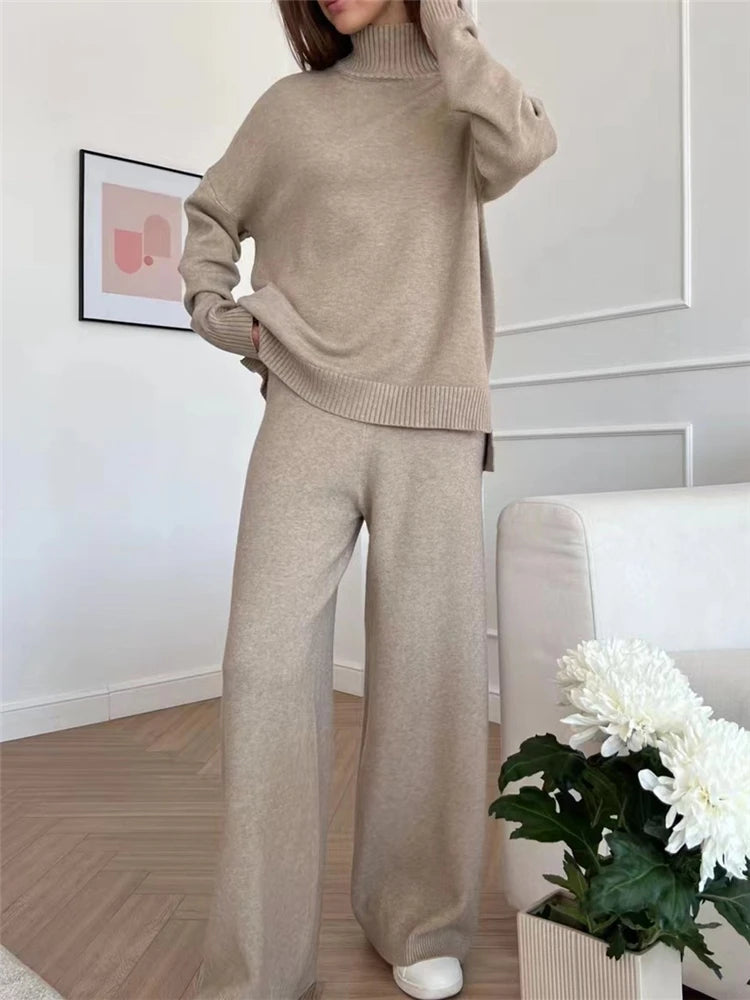 Cozy Autumn & Winter 2-Piece Knitted Tracksuit Set for Women – Turtleneck Sweater & Straight-Leg Joggers