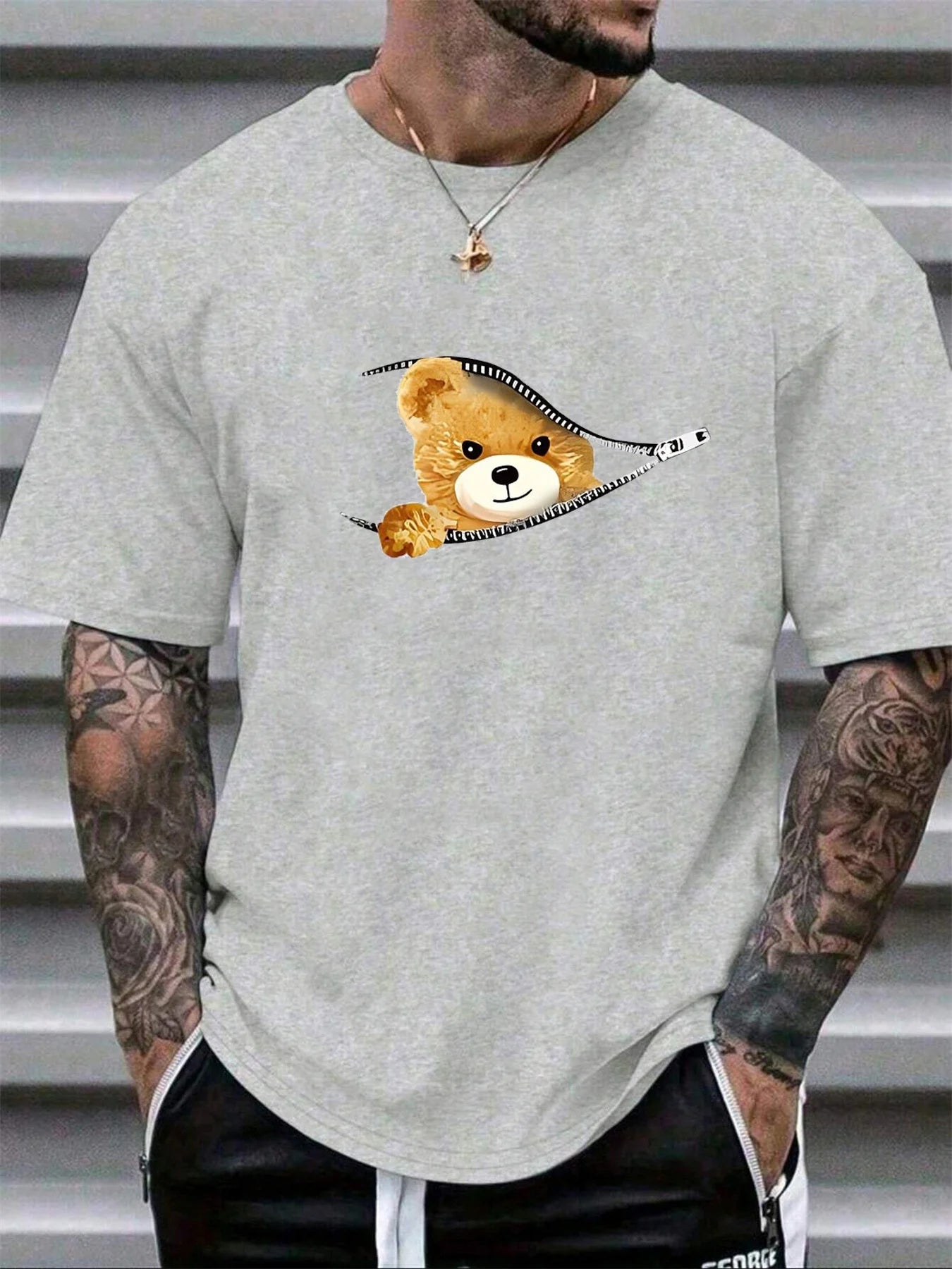 100% Cotton Men's Summer Casual Bear Pattern T-Shirt