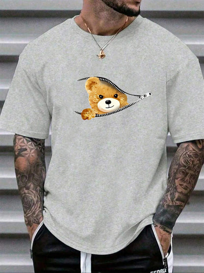 100% Cotton Men's Summer Casual Bear Pattern T-Shirt