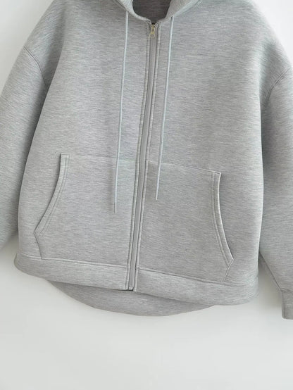 TRAFZA Women’s Autumn Gray Hooded Jacket – Zipper Coat with Big Pockets and Long Sleeves (Loose Fit)