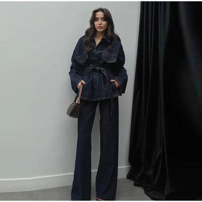 Women's Street Style Denim Jacket and Pants Set – Belted Spliced Lapel Jacket and High-Waisted Straight Pants (Spring 2025)