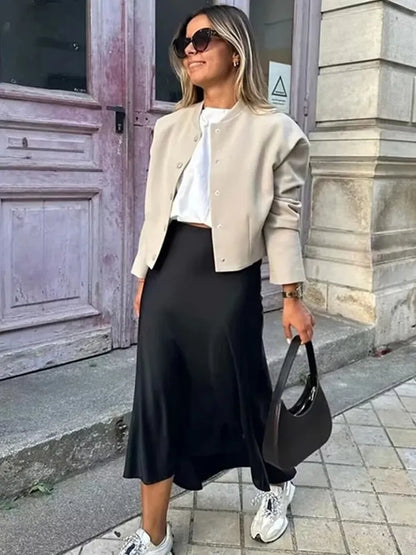 Elegant TRAF Woman 2024 Satin High Waist Midi Skirt