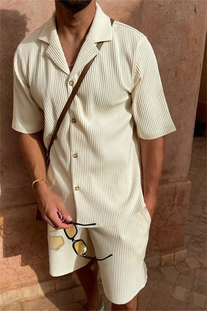 Men's Corduroy Short Sleeve Shirt & Shorts Set – Casual Summer Beach Outfit
