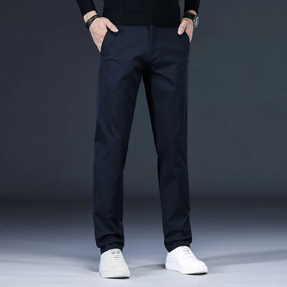 New Pure 97% Cotton Casual Pants for Men Black Khaki Gray Blue Business Slim Straight Elastic Fashion Casual Long Pants Male
