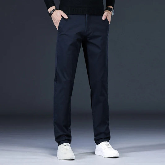 New Pure 97% Cotton Casual Pants for Men Black Khaki Gray Blue Business Slim Straight Elastic Fashion Casual Long Pants Male