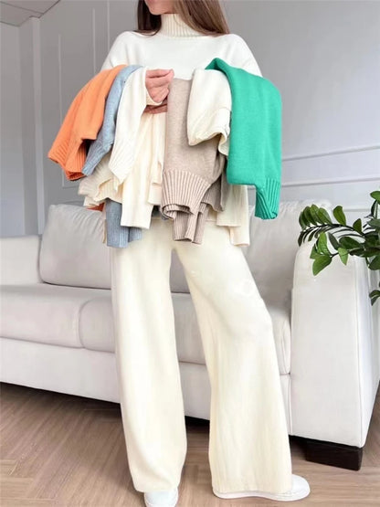 Cozy Autumn & Winter 2-Piece Knitted Tracksuit Set for Women – Turtleneck Sweater & Straight-Leg Joggers