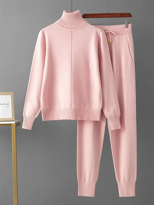 Women's Candy Color Knitted 2-Piece Set – Turtleneck Pullover Sweater and High-Waisted Harem Pants (Multiple Colors)