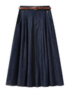 FIGOHR Women's Vintage Denim Midi Skirt with Free Belt