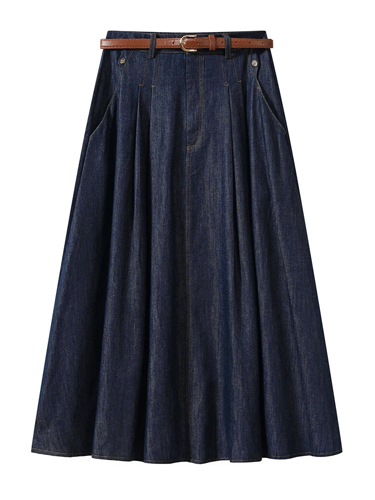 FIGOHR Women's Vintage Denim Midi Skirt with Free Belt