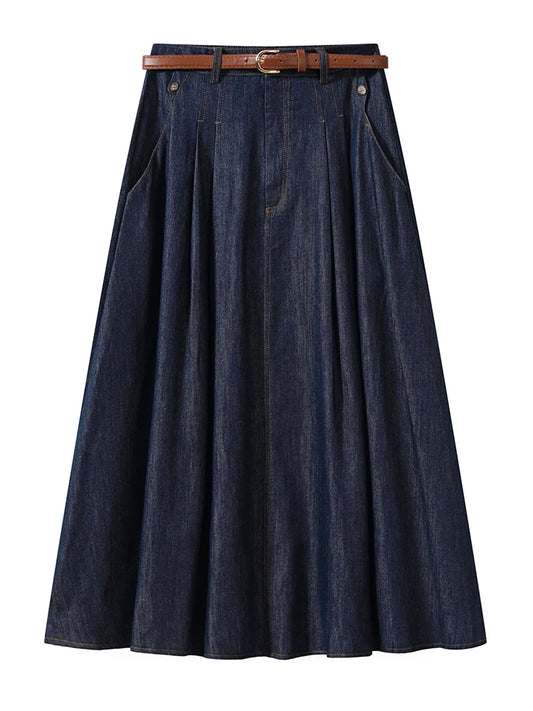 FIGOHR Women's Vintage Denim Midi Skirt with Free Belt