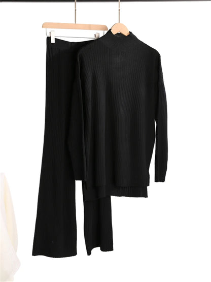 Cozy Autumn & Winter 2-Piece Knitted Tracksuit Set for Women – Turtleneck Sweater & Straight-Leg Joggers