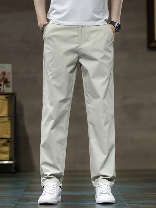 Summer Thin Ice Silk Casual Pants for Men in Solid Color Loose Straight Fashionable Light Business Casual Long Trousers Male