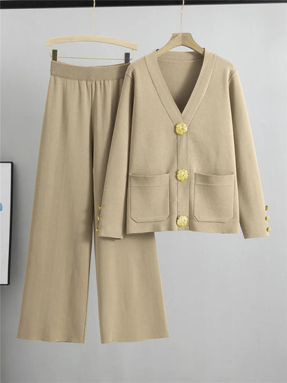 Women's Elegant Knitted 2-Piece Set – Korean Style Cardigan Sweater and High-Waisted Wide-Leg Pants Outfit