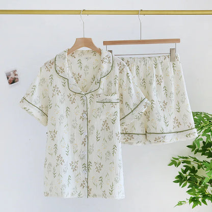 Japanese Summer Cotton Gauze Heart-Shaped Pajamas Suit