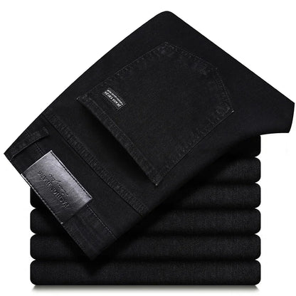 2025 Spring New Men's Straight Jeans Elastic Pant Classic Smoke Gray Casual Wear Mid Waist Casual Trousers Black Male Brand