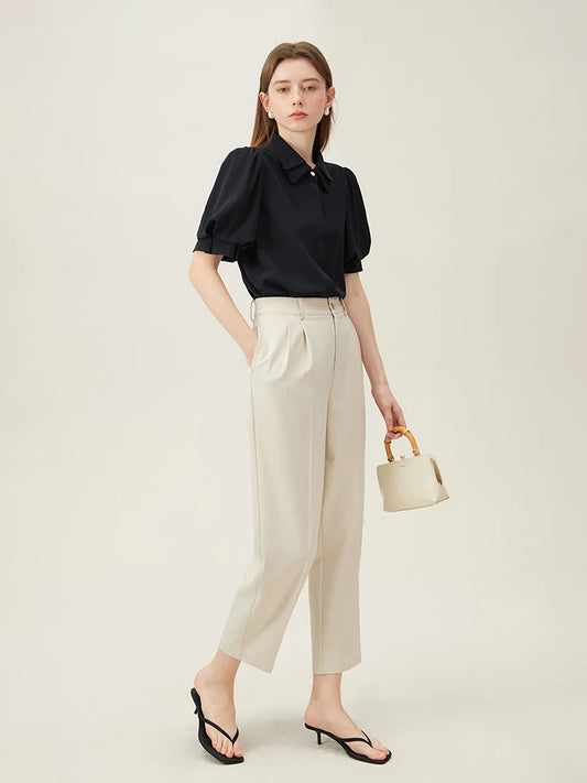 FSLE Women's High-Waisted Cropped Pants – Summer Loose Fit Slimming Tapered Casual Pants in Blue & Black