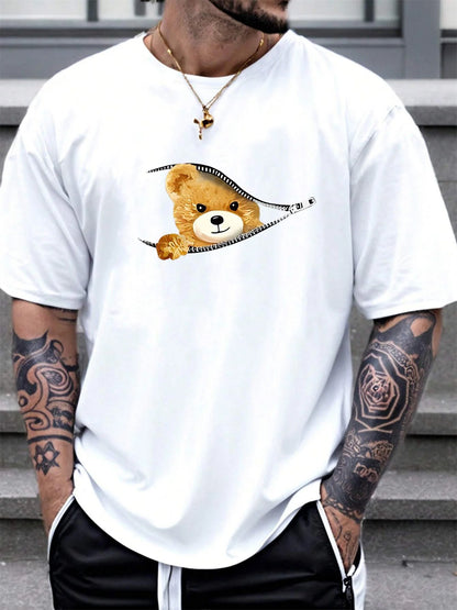 100% Cotton Men's Summer Casual Bear Pattern T-Shirt