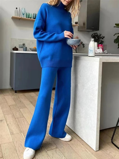 Cozy Autumn & Winter 2-Piece Knitted Tracksuit Set for Women – Turtleneck Sweater & Straight-Leg Joggers