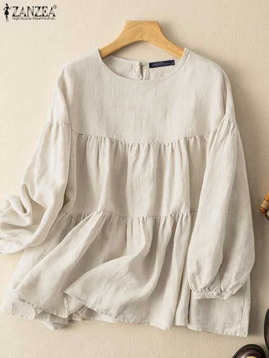 ZANZEA Autumn Vintage Long Sleeve Cotton Blouse for Women