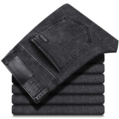 2025 Spring New Men's Straight Jeans Elastic Pant Classic Smoke Gray Casual Wear Mid Waist Casual Trousers Black Male Brand