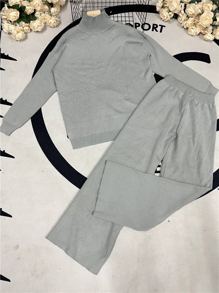 Cozy Autumn & Winter 2-Piece Knitted Tracksuit Set for Women – Turtleneck Sweater & Straight-Leg Joggers