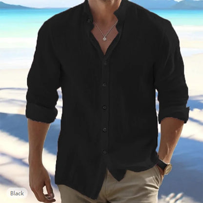 Men’s Cotton Linen Long-Sleeve Shirt – Casual Summer Beachwear, Stand Collar, Plus Size