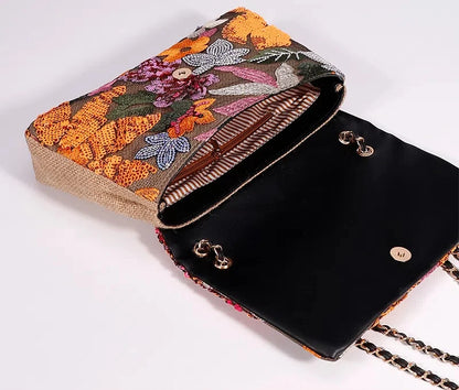 Women’s Large Capacity Cotton Messenger Bag – Sequins Woven Chain Strap Shoulder Bag