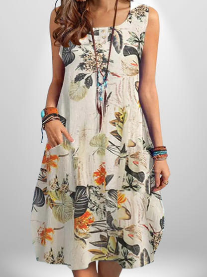 Bohemian Floral Cotton Sundress – Sleeveless Summer Beach Dress with Pockets