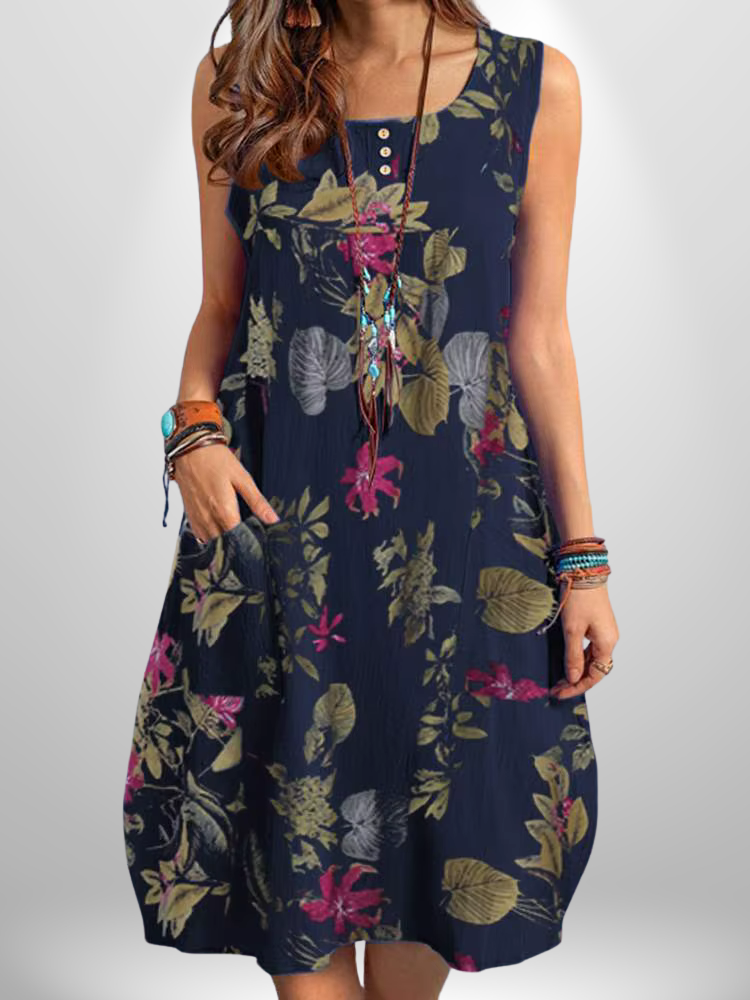Bohemian Floral Cotton Sundress – Sleeveless Summer Beach Dress with Pockets