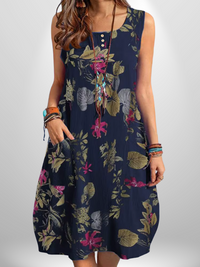 Bohemian Floral Cotton Sundress – Sleeveless Summer Beach Dress with Pockets