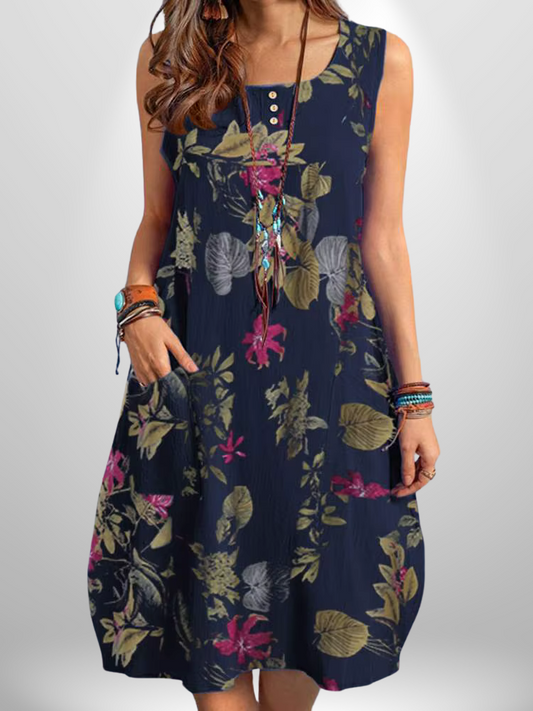 Bohemian Floral Cotton Sundress – Sleeveless Summer Beach Dress with Pockets