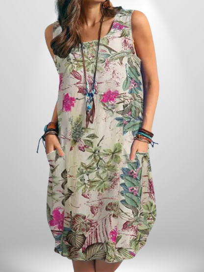 Bohemian Floral Cotton Sundress – Sleeveless Summer Beach Dress with Pockets