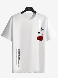 a white t - shirt with a red rose on it