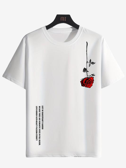 a white t - shirt with a red rose on it