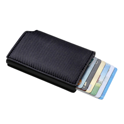 a wallet with four credit cards in it