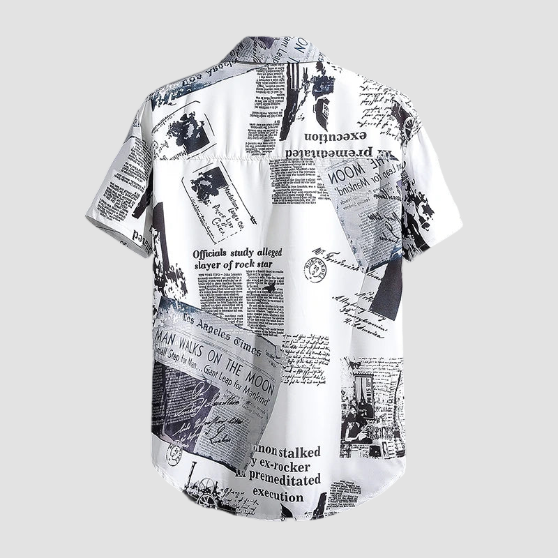 a white shirt with newspaper print on it