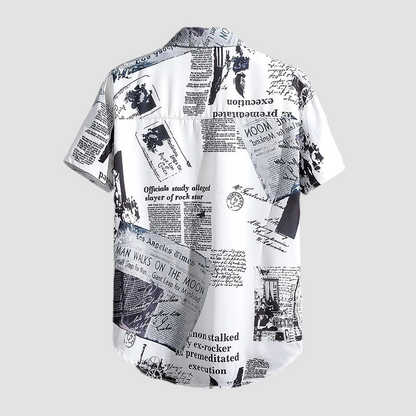 a white shirt with newspaper print on it