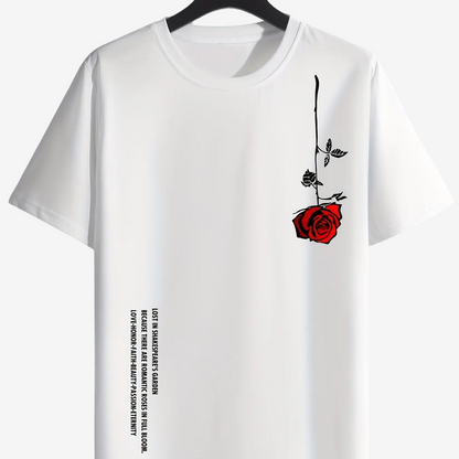 a white t - shirt with a red rose on it